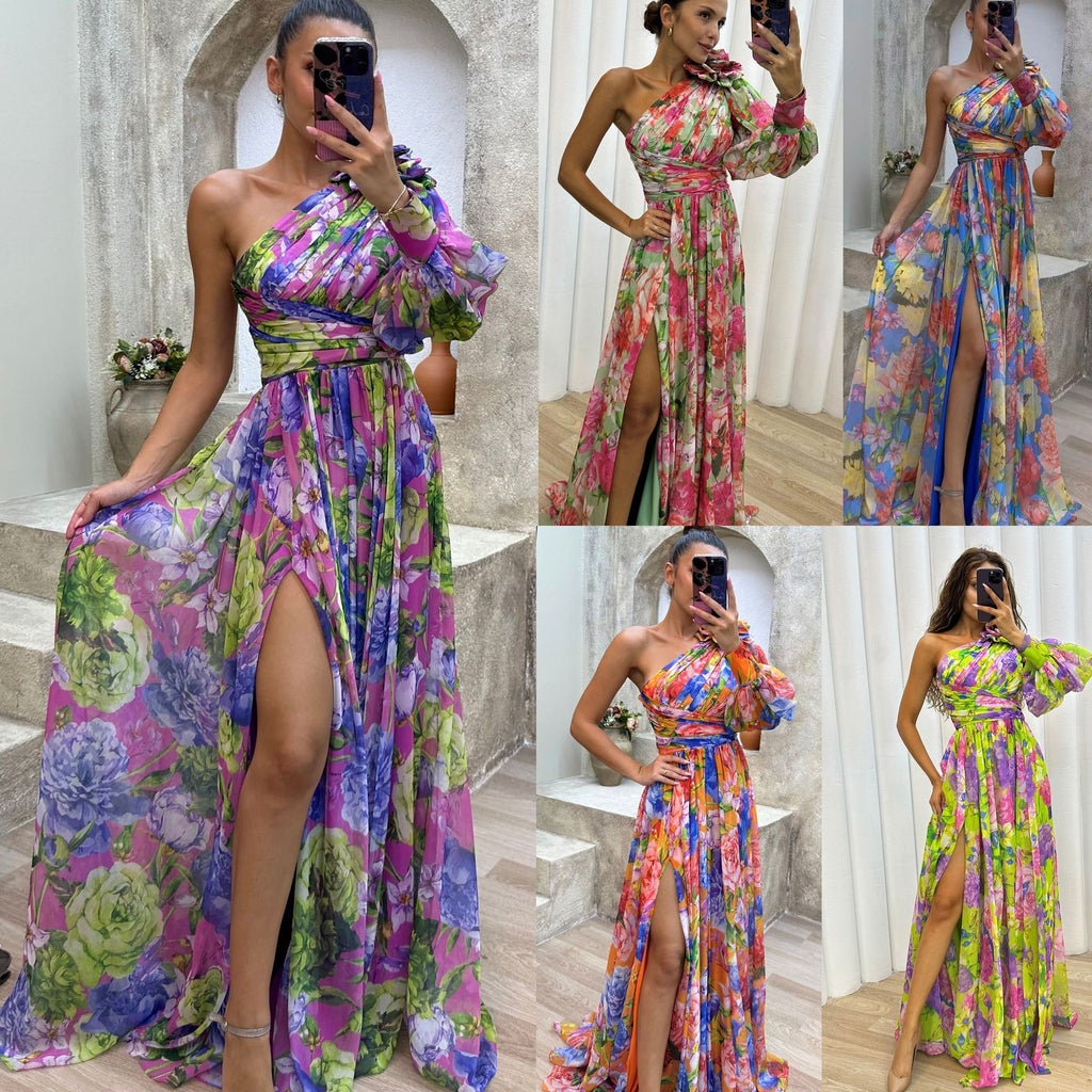 Party Casual Slit Loose Multicolor Sloping Dress