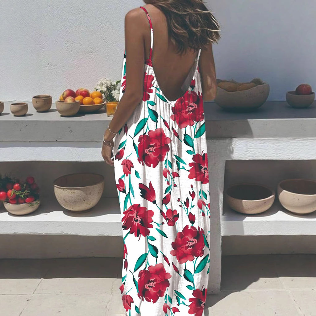 Women's Sling Backless Loose Print Long Dress