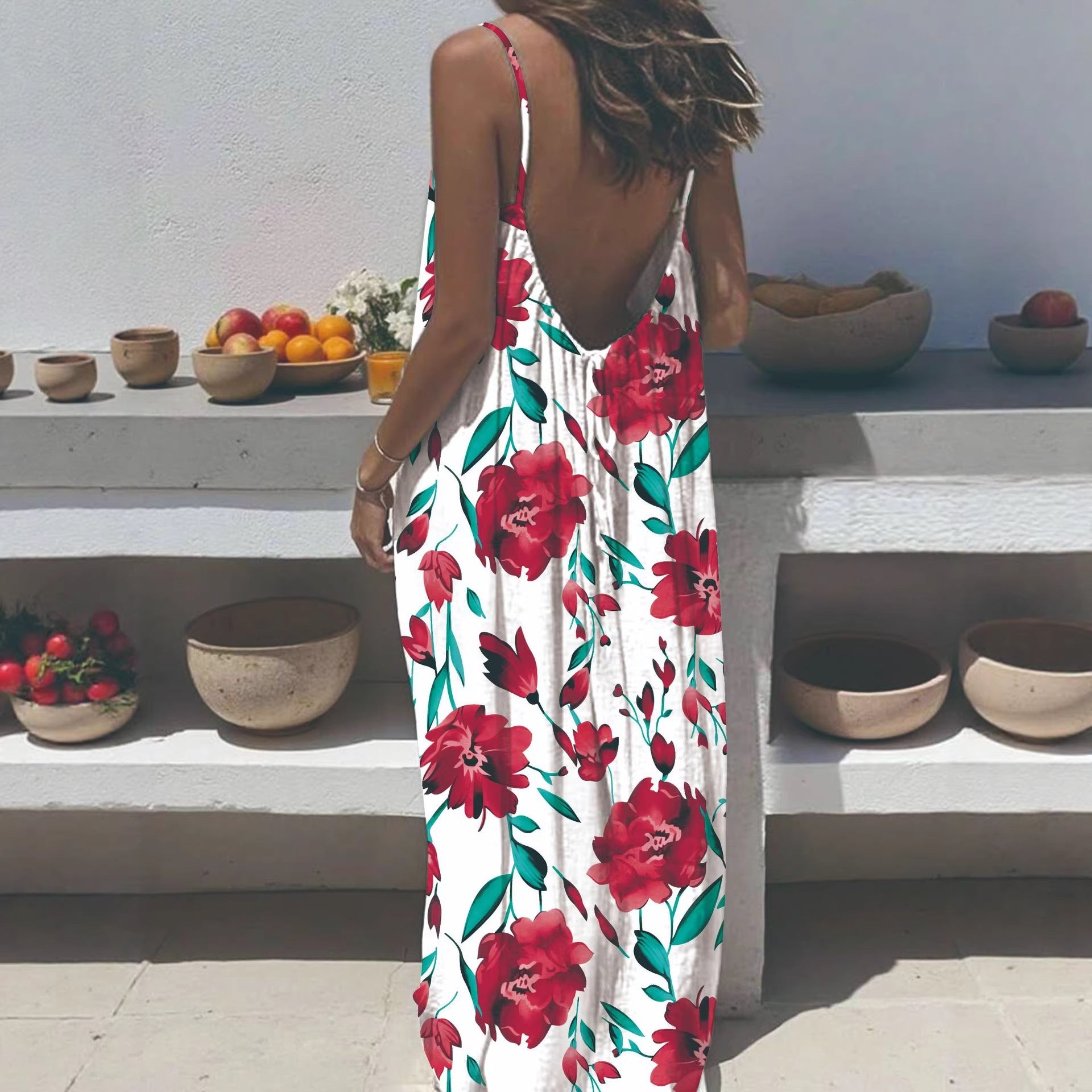 Women's Sling Backless Loose Print Long Dress