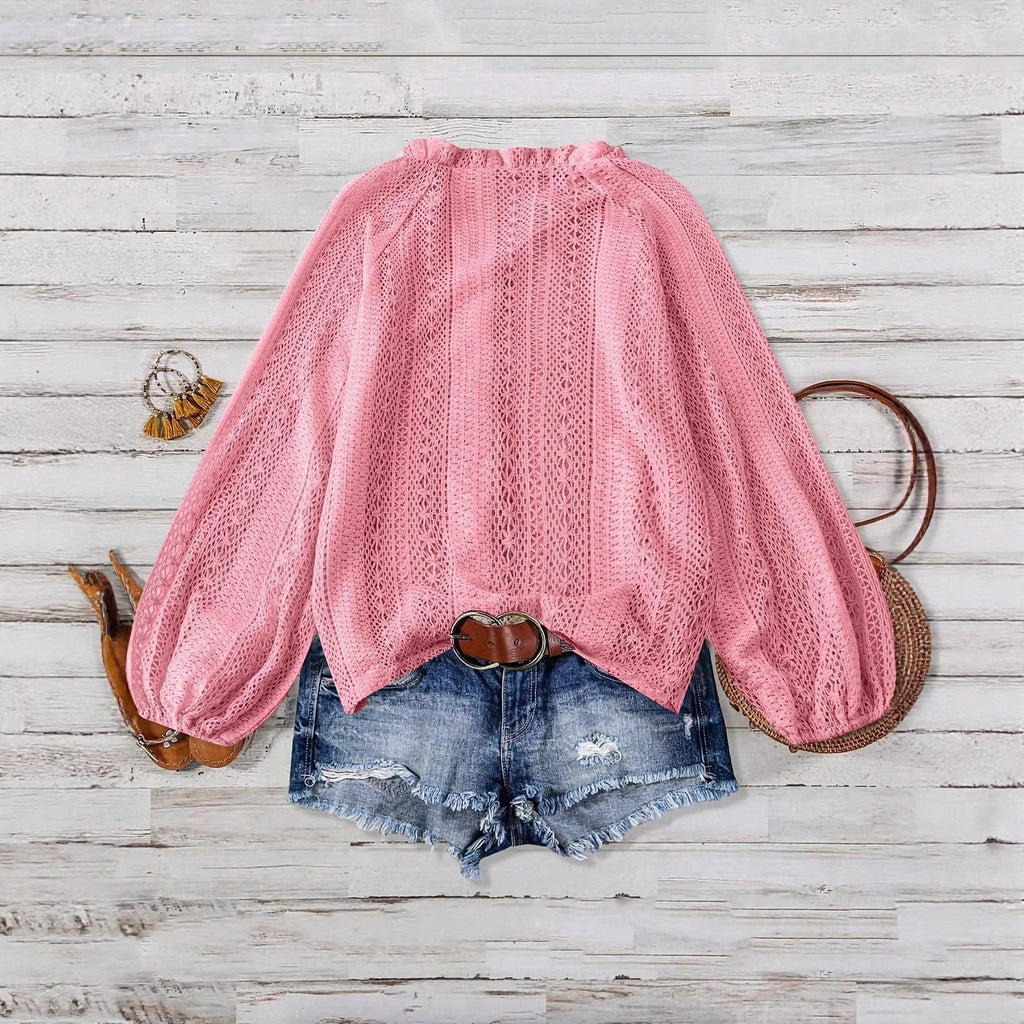 Loose Fashion Versatile Lace Single-breasted Long Sleeve Women's T-shirt