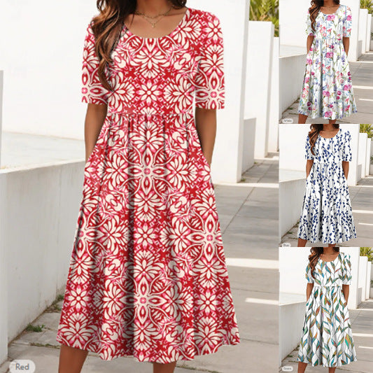 Women's Round Neck Printed Large Hem Dress