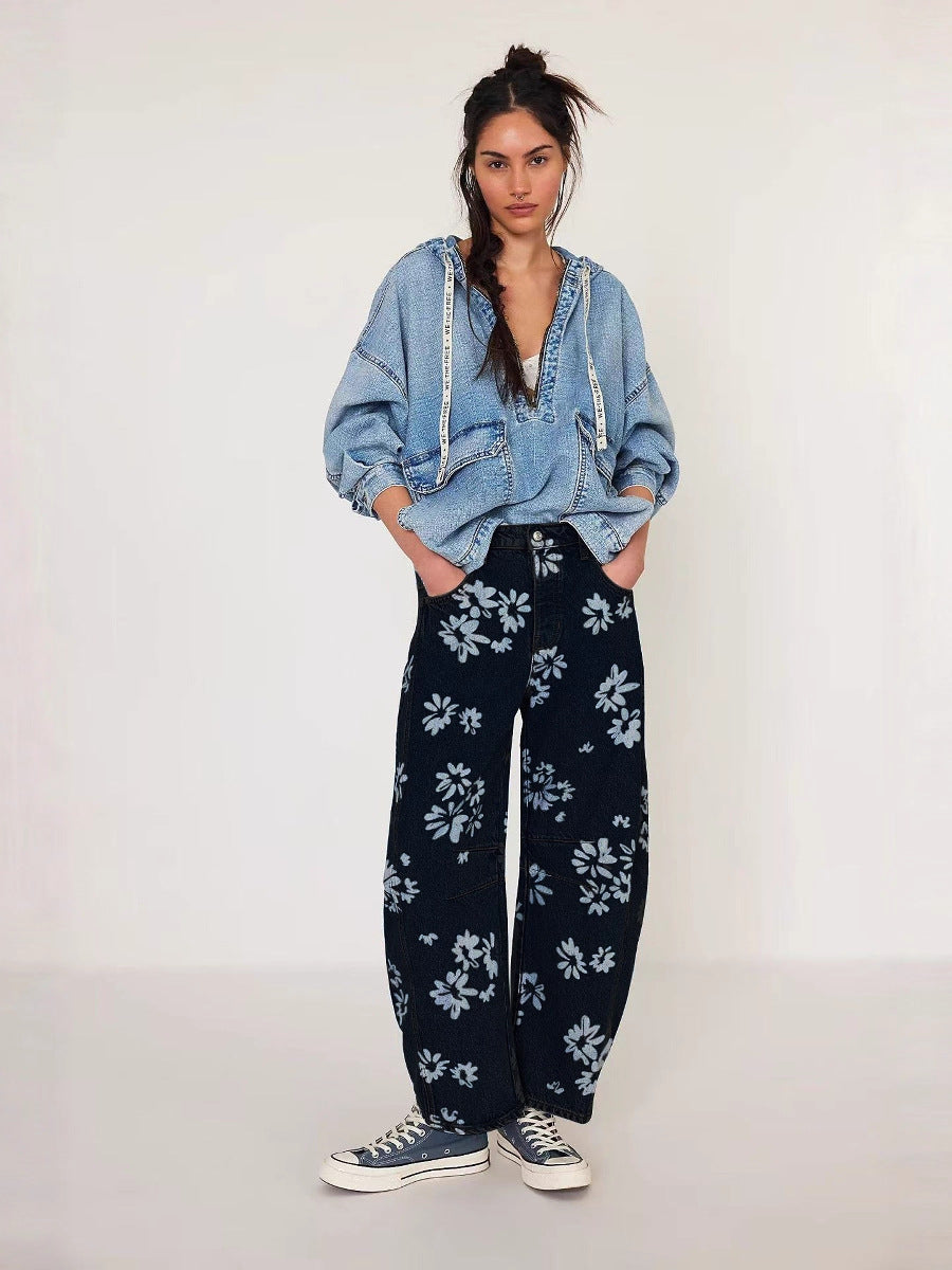 Women's Spring Leisure Loose Mid Waist Cylindrical Women's Jeans