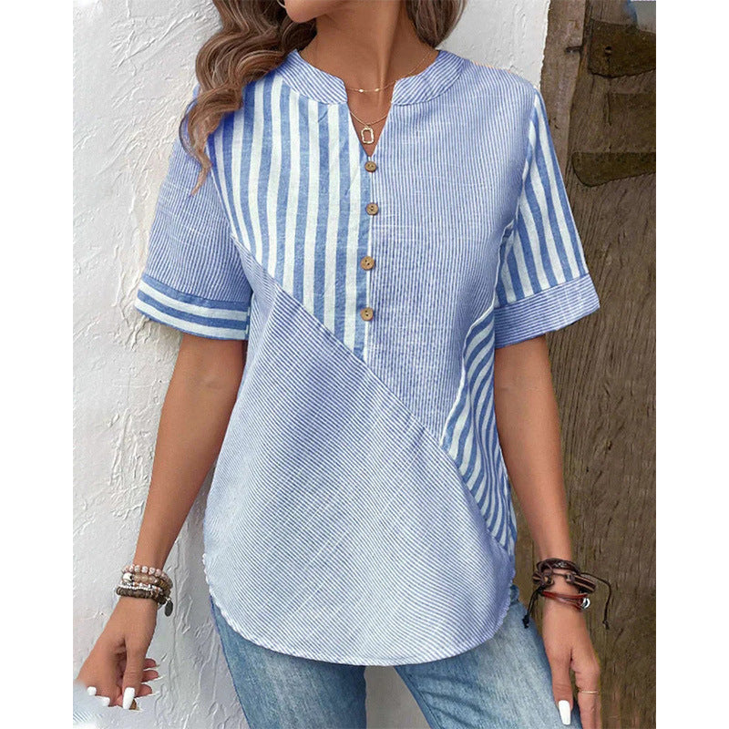 Women's Shirt Asymmetric Striped Stitching Cotton Linen Blouse