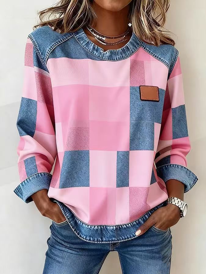 Women's Plaid Stitching Denim Round Neck Loose-fitting Source Sweaters