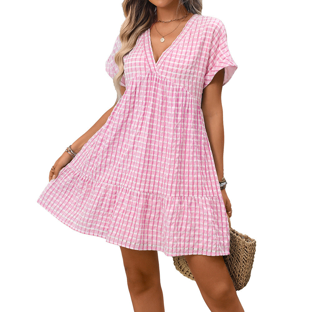 Women's Summer Loose Casual Elegant Short-sleeved Plaid Dress