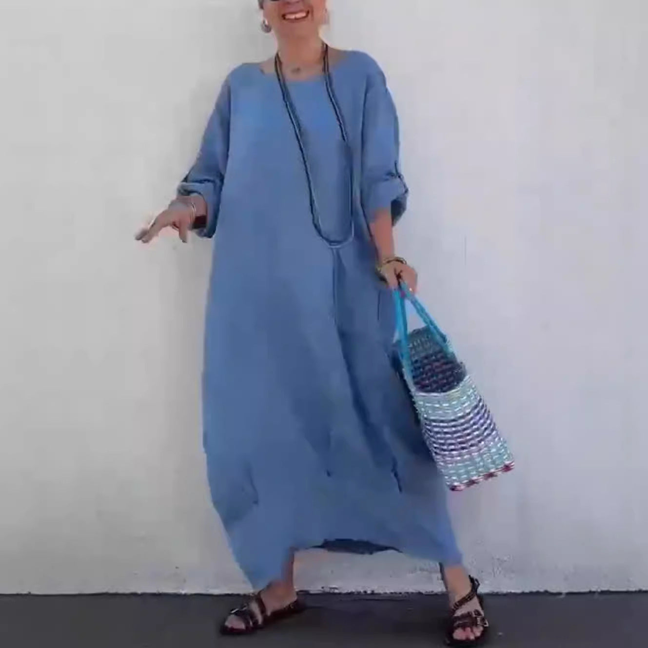 Women's Cotton Linen Summer Casual Pure Color Ribbon Pocket Dress