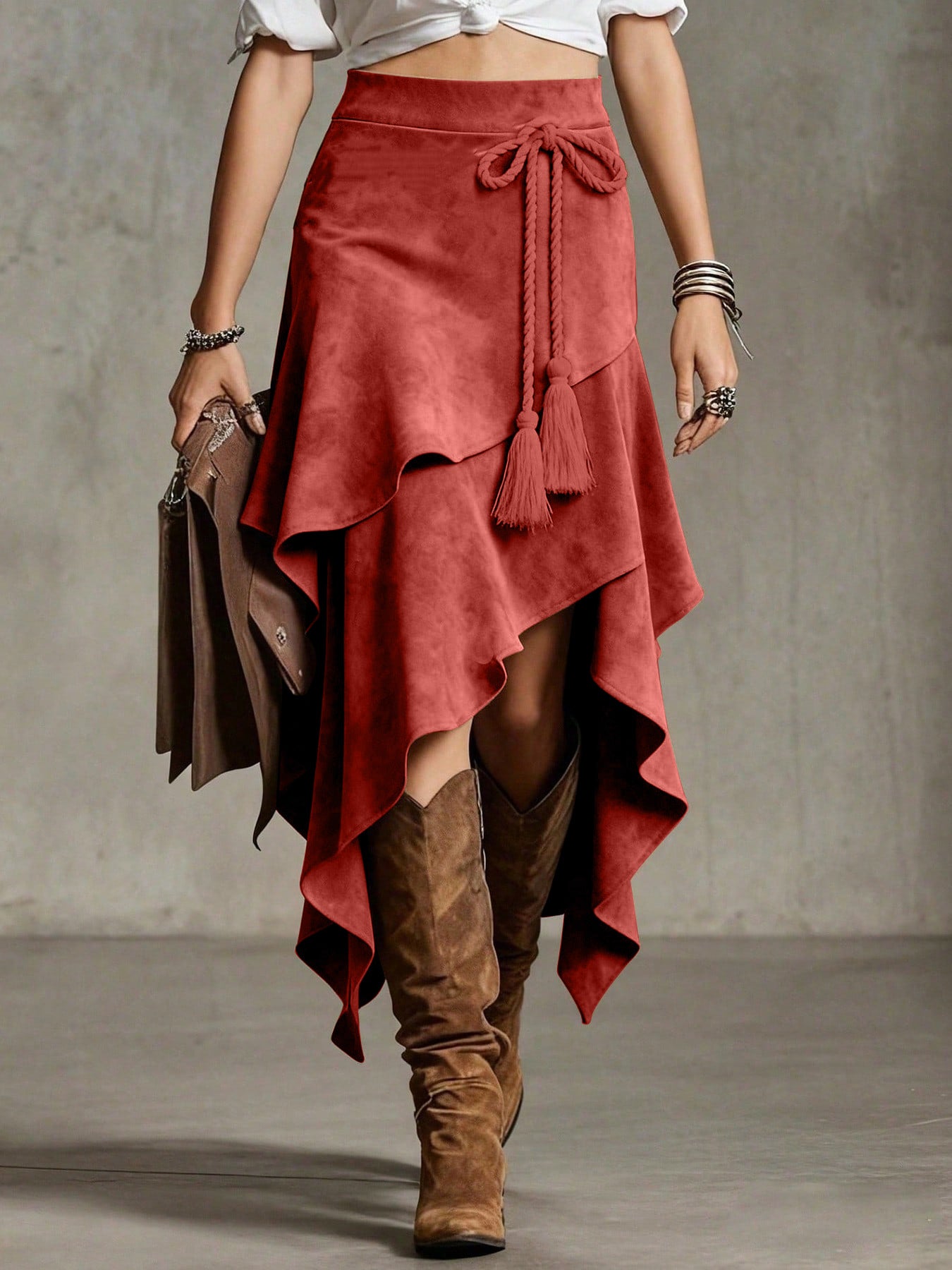 European Retro Western Style Irregular Design Suede Skirt