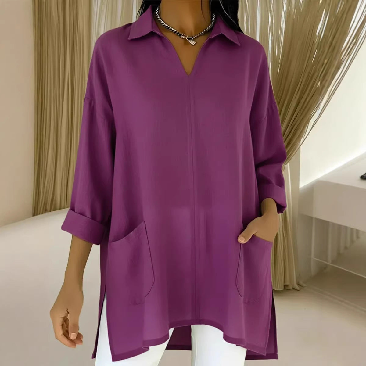 Women's Spring Fashion Solid Color Thin Pocket Blouse