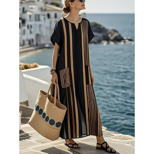 Digital Printed Sleeve Length Patch Pocket Kraft Dress