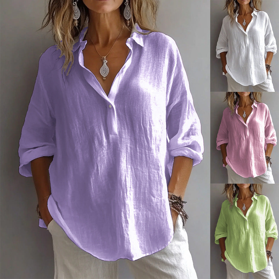 Solid Color Casual Loose Long Sleeve Linen Blouse