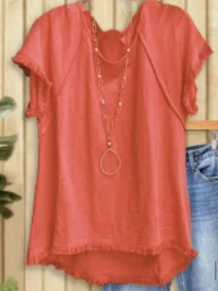 Women's Solid Color Cotton Tassel Design Sleeve Crew Neck Women's Sweater