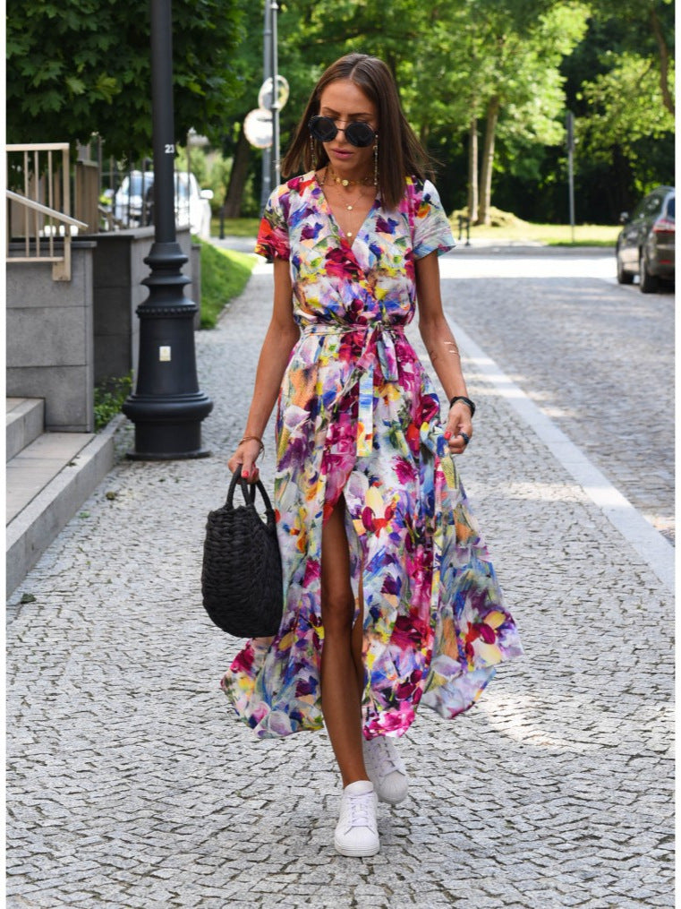 New Women's Printed Split Mid-length Group Dress