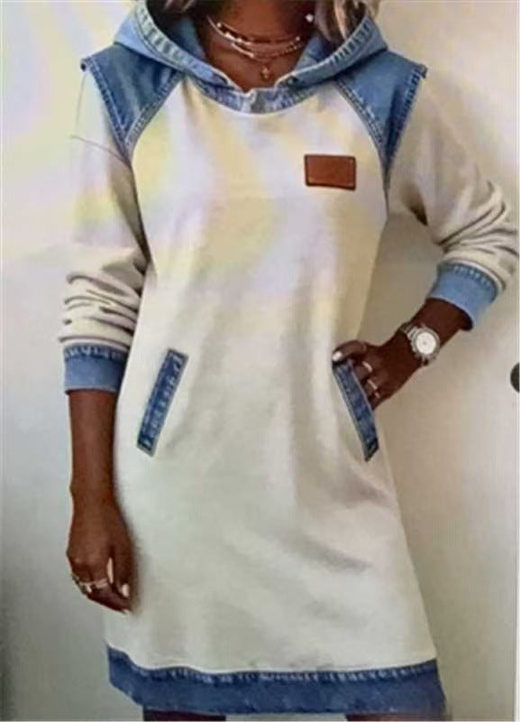Denim Color Matching Ladies Hoodie Contrast Hat Dress