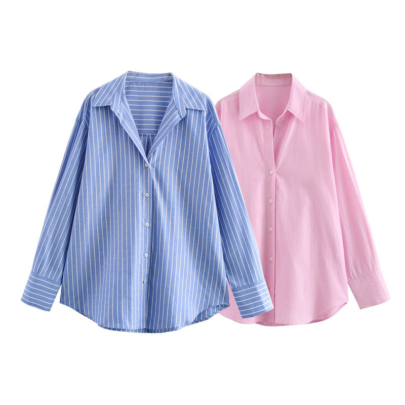 Women's Spring Fashion Striped Long Sleeves Lapel Simple Blouse