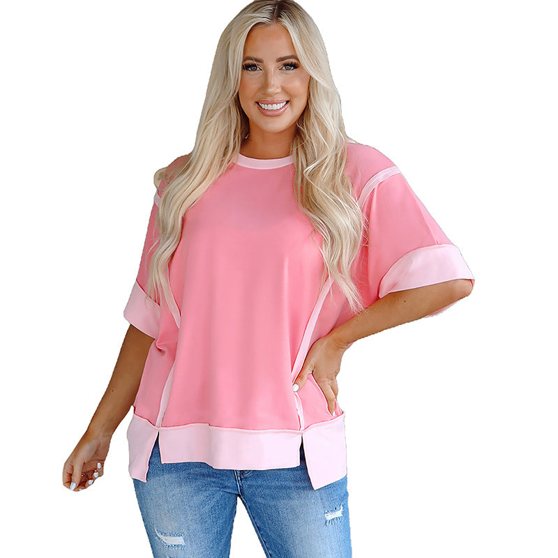 Women's Summer Pullover Round Neck Simple Versatile Contrast Color Women's T-shirt