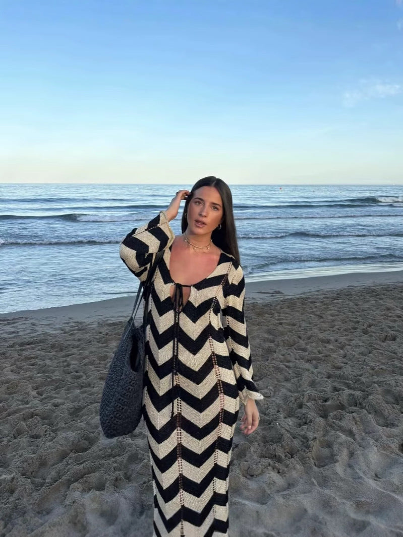 Women's Fashion Wear Elegant Tied Wave Pattern Long Sleeve Dress