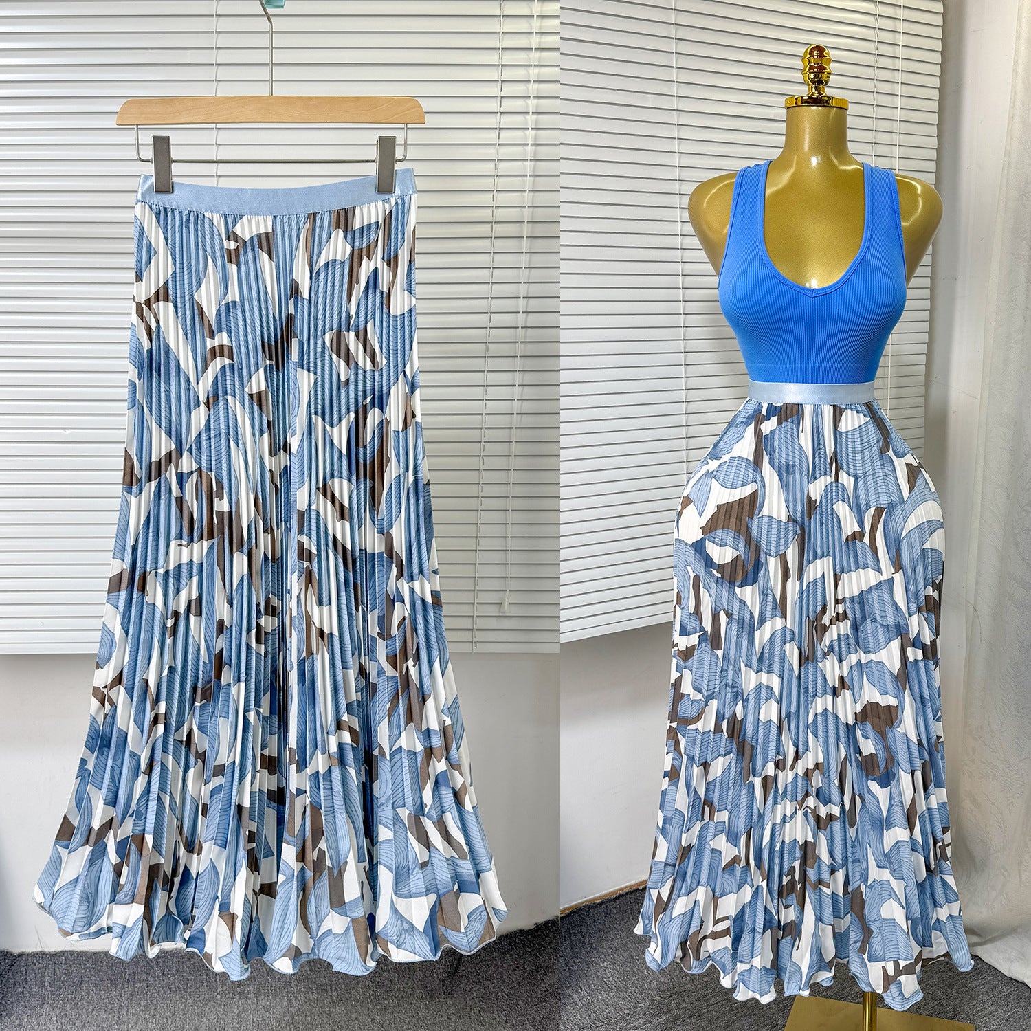 Women's Retro Printed High Waist A- Line Mid-length Pleated Large Hem Skirt