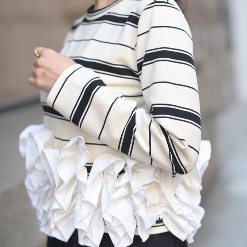 New Cool Women's Striped Long-sleeved Stitching Women's T-shirt