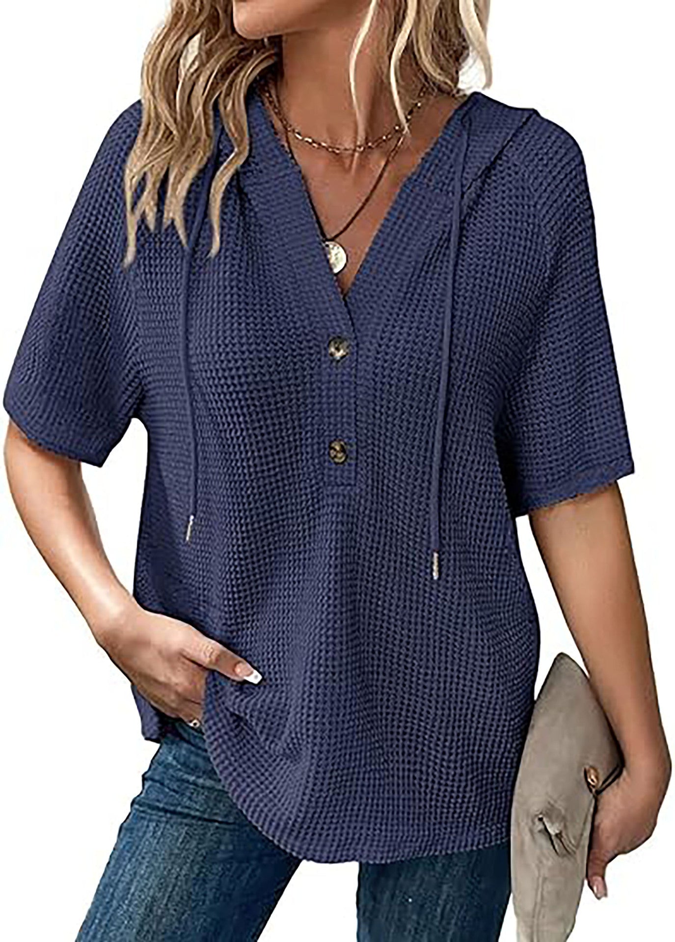 Women's Summer Waffle Knitted Short-sleeved Shirt Lightweight Drawstring Hoodie Blouse