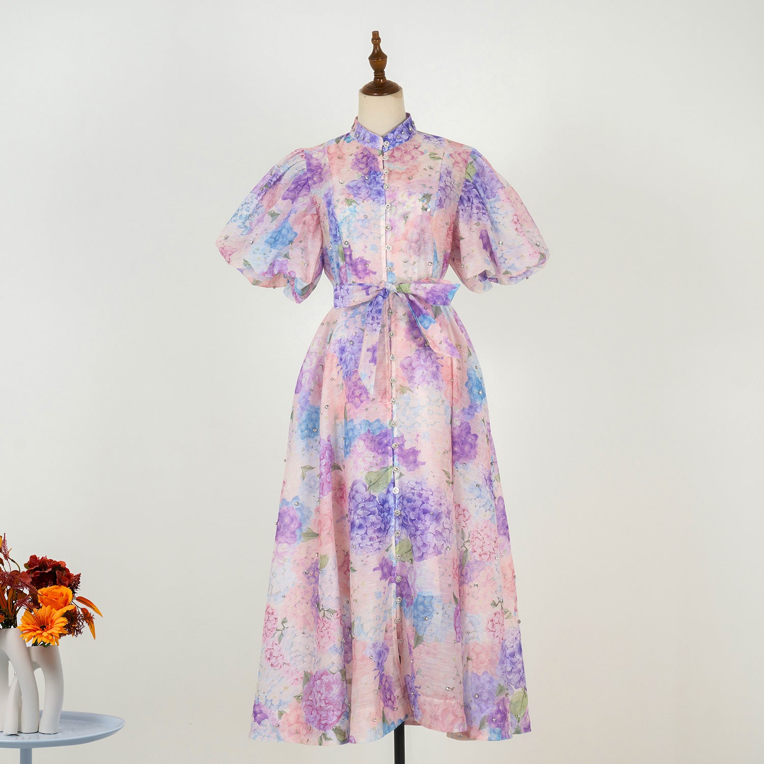 Summer Palace Style High Design Sense Rhinestone Sleeve Single-breasted Long Dress