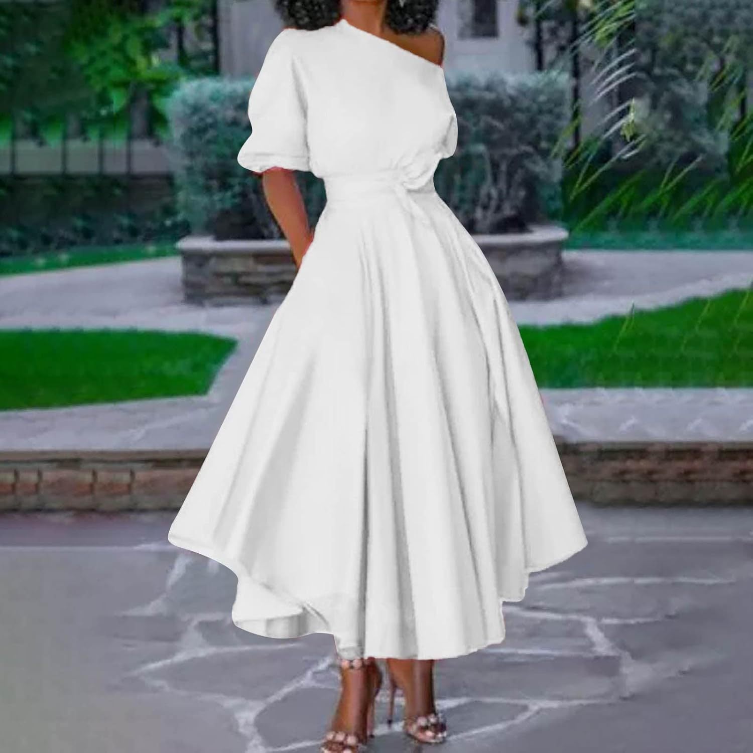 Oblique Shoulder Strap Elegant Solid Color Dress