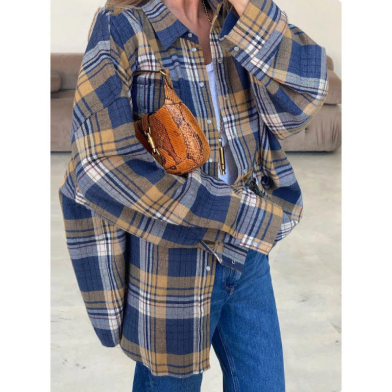 Women's Style Lapel Loose Shirt Autumn Plaid Long Blouse
