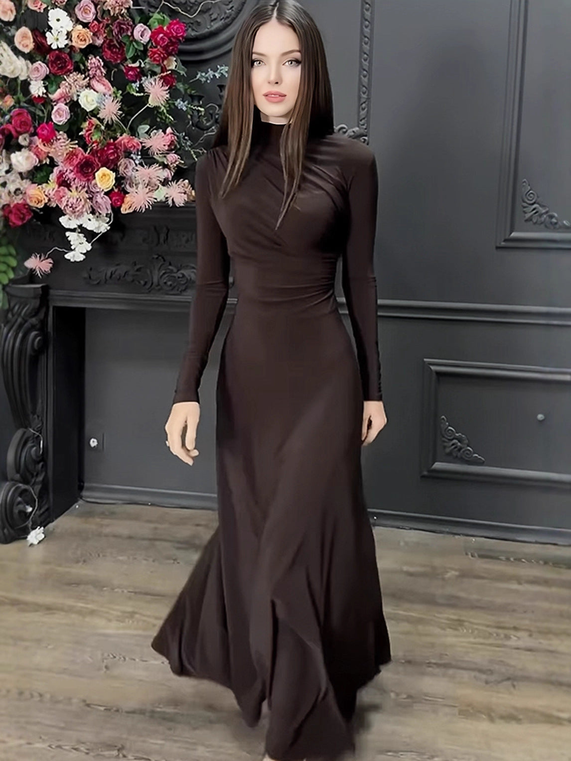 Autumn Solid Color Pleated Waist Tight Slimming Graceful Dress