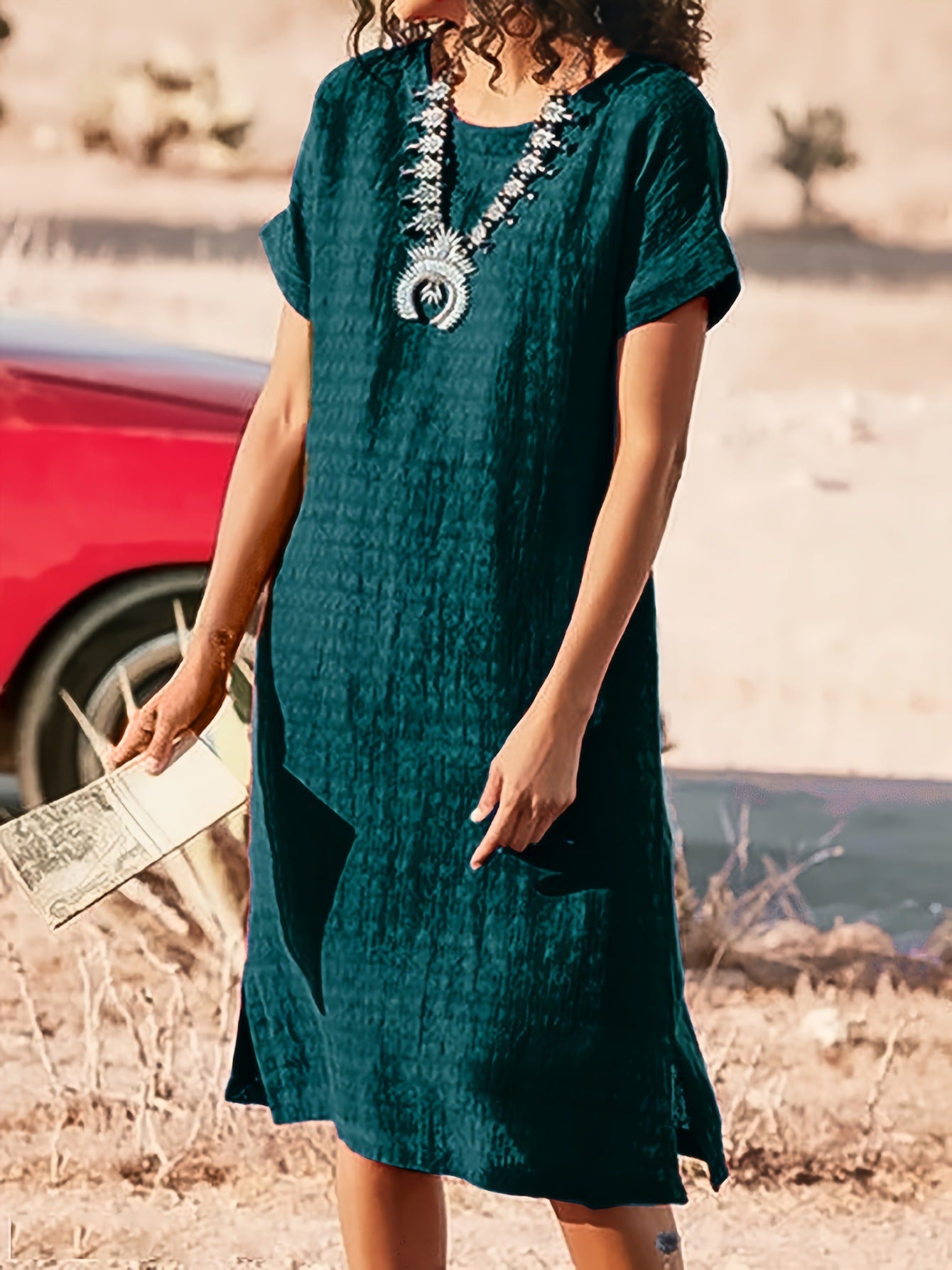Women's Short-sleeved Casual Round Neck Side Slit Dress