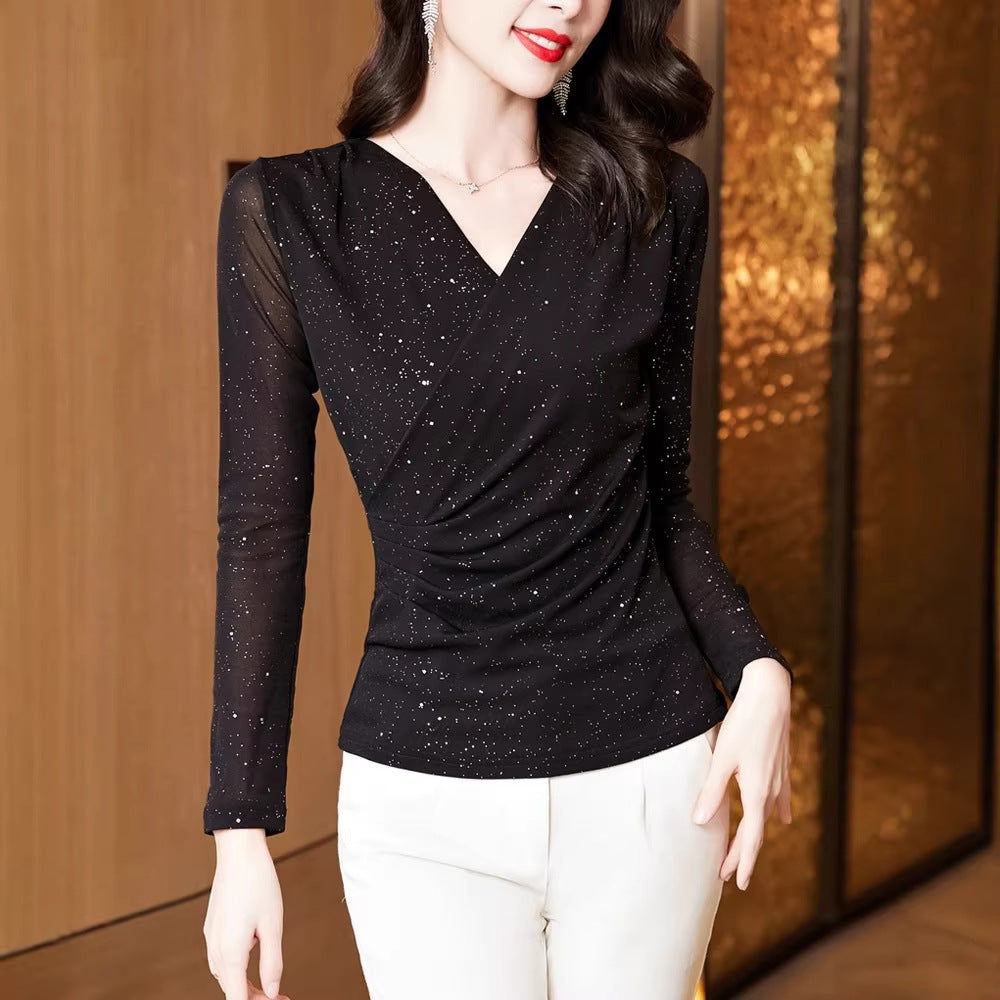 Women's Pure Color Mesh Glittering Powder Slim Fit Slimming Long Sleeves Women's T-shirt