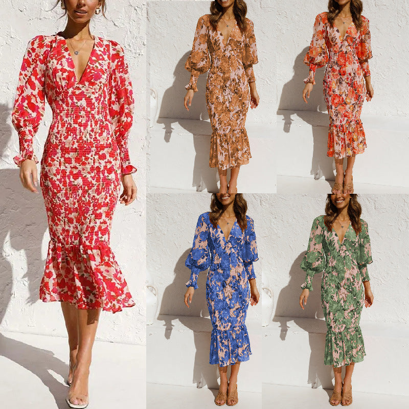 Women's Elegant Elastic Waist Long Sleeve Printed Skirts