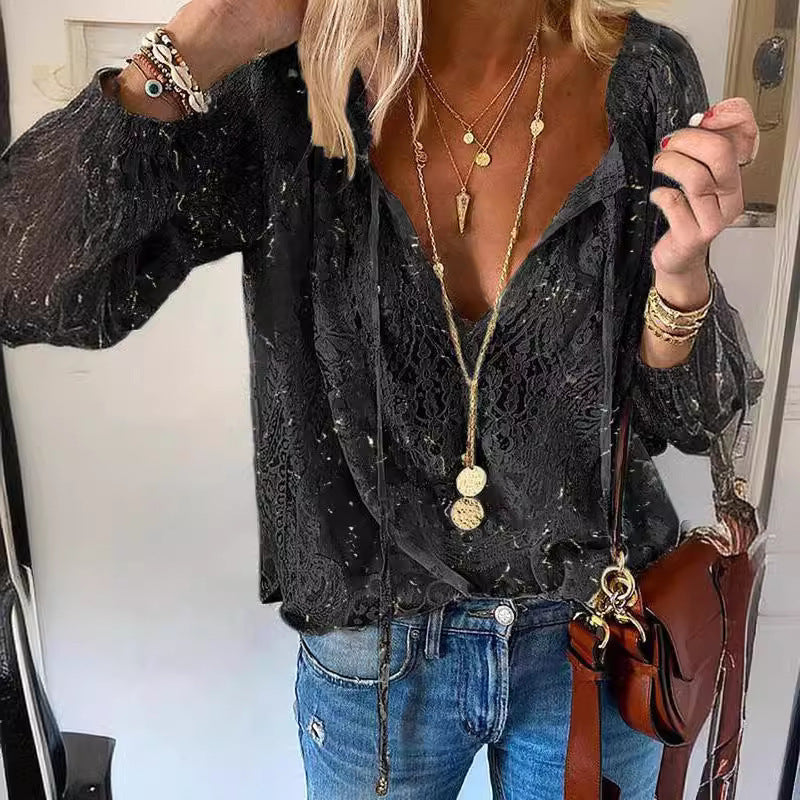 Temperament Commute Loose Printed Lace Solid Color Blouse