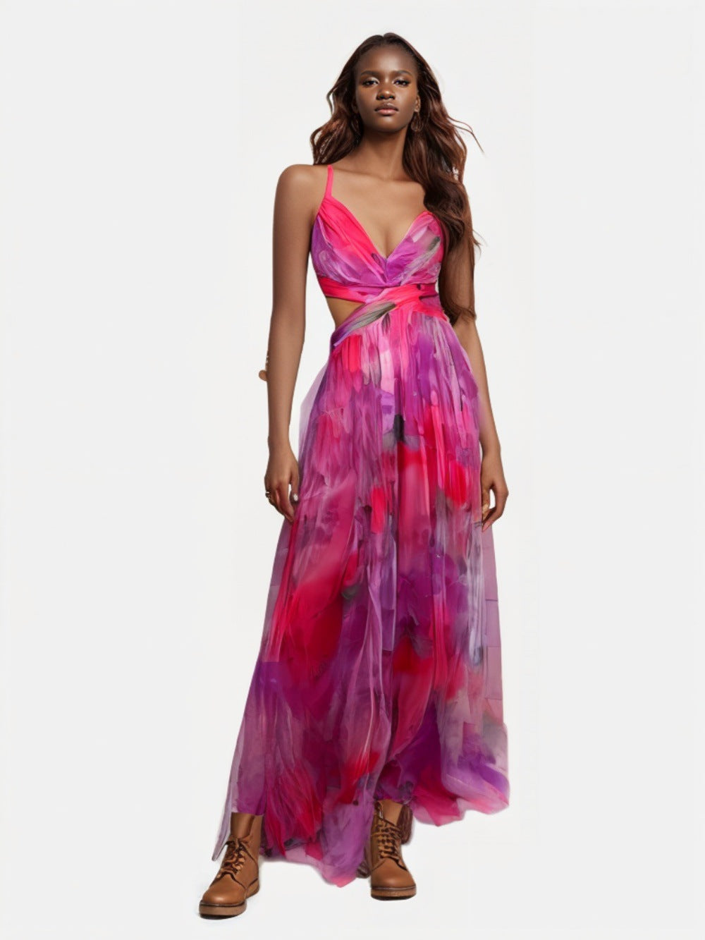 Popular Slouchy Mesh Printing Slip Vacation Dress