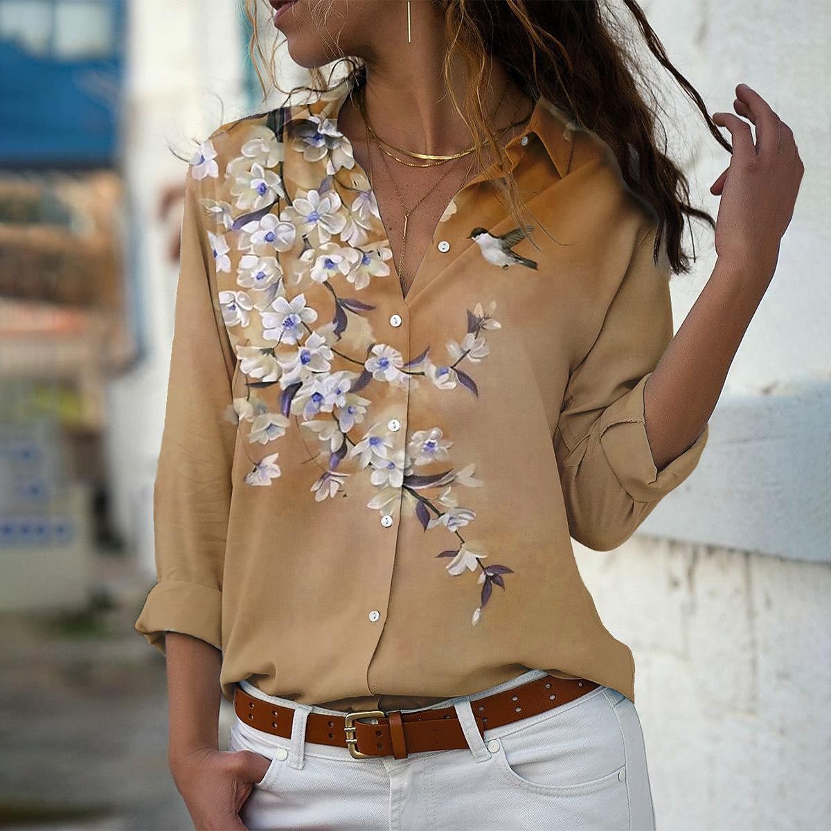 Women's Loose Lapel Long Sleeves Single-breasted Shirt Elegant Blouse