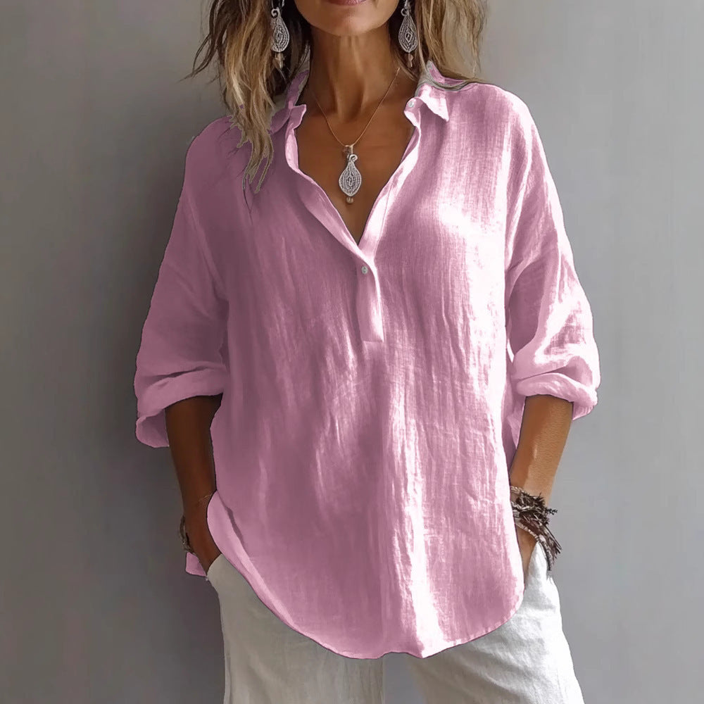 Solid Color Casual Loose Long Sleeve Linen Blouse