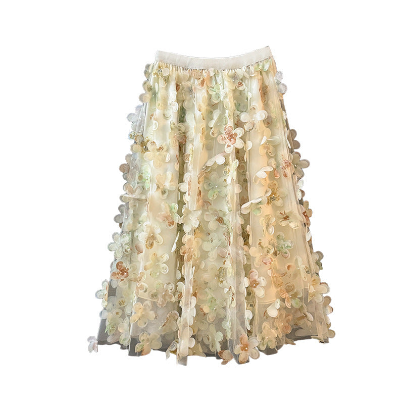 Women's Flower Mesh Stitching Autumn High Waist A- Line Loose Large Skirt