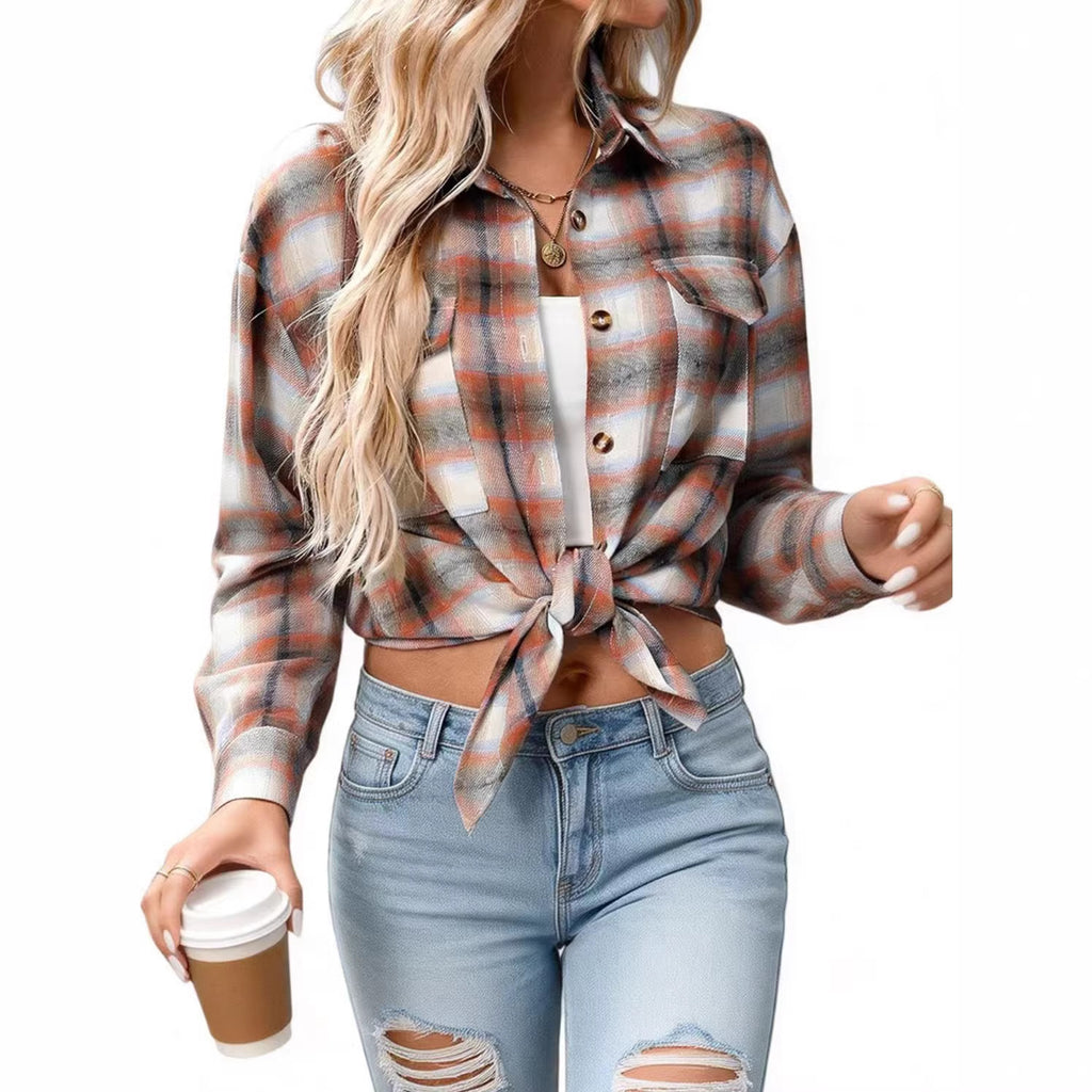 Women's Casual Fashion Loose Plaid Pocket Shirt Blouse