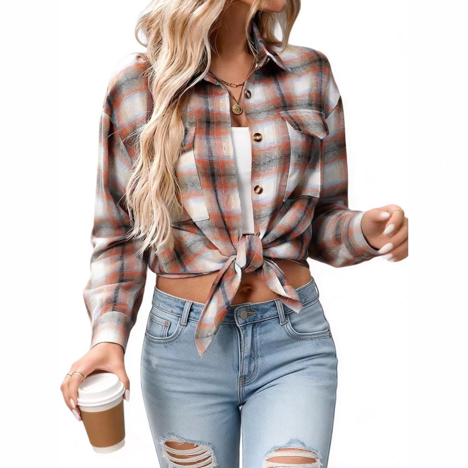 Women's Casual Fashion Loose Plaid Pocket Shirt Blouse