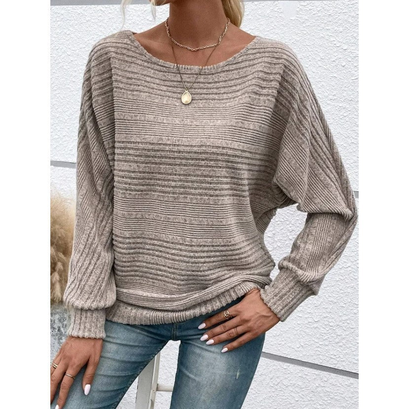 Women's Solid Color Striped Round Neck Splicing Pullover Women's Sweater