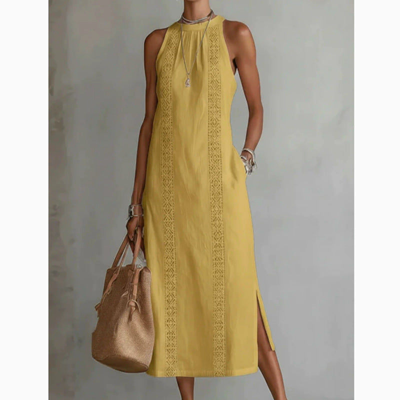 Women's Round Neck Sleeveless Lace Split Solid Color Cotton Dress