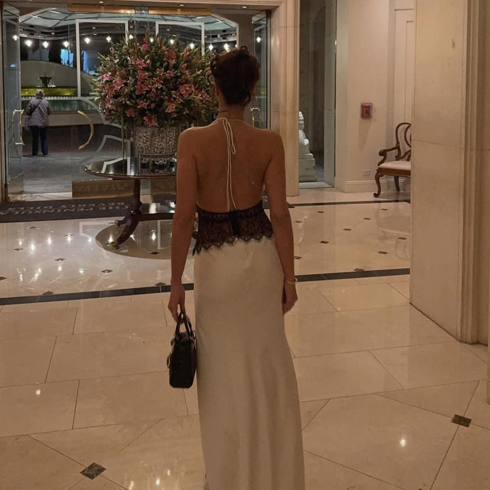 Summer Elegant Deep V Silky Satin Stitching Halter Dress