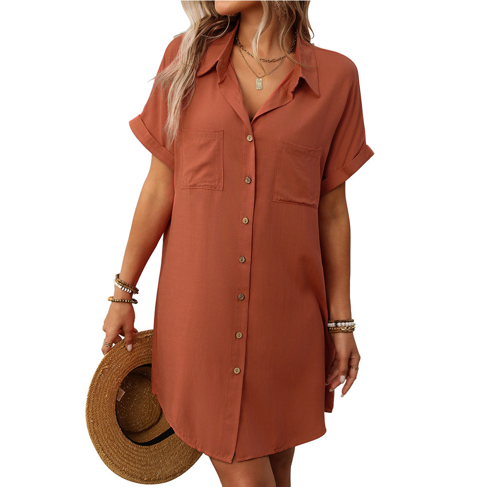 Women's Summer Short-sleeved Striped Cotton Linen Mid-length Dress