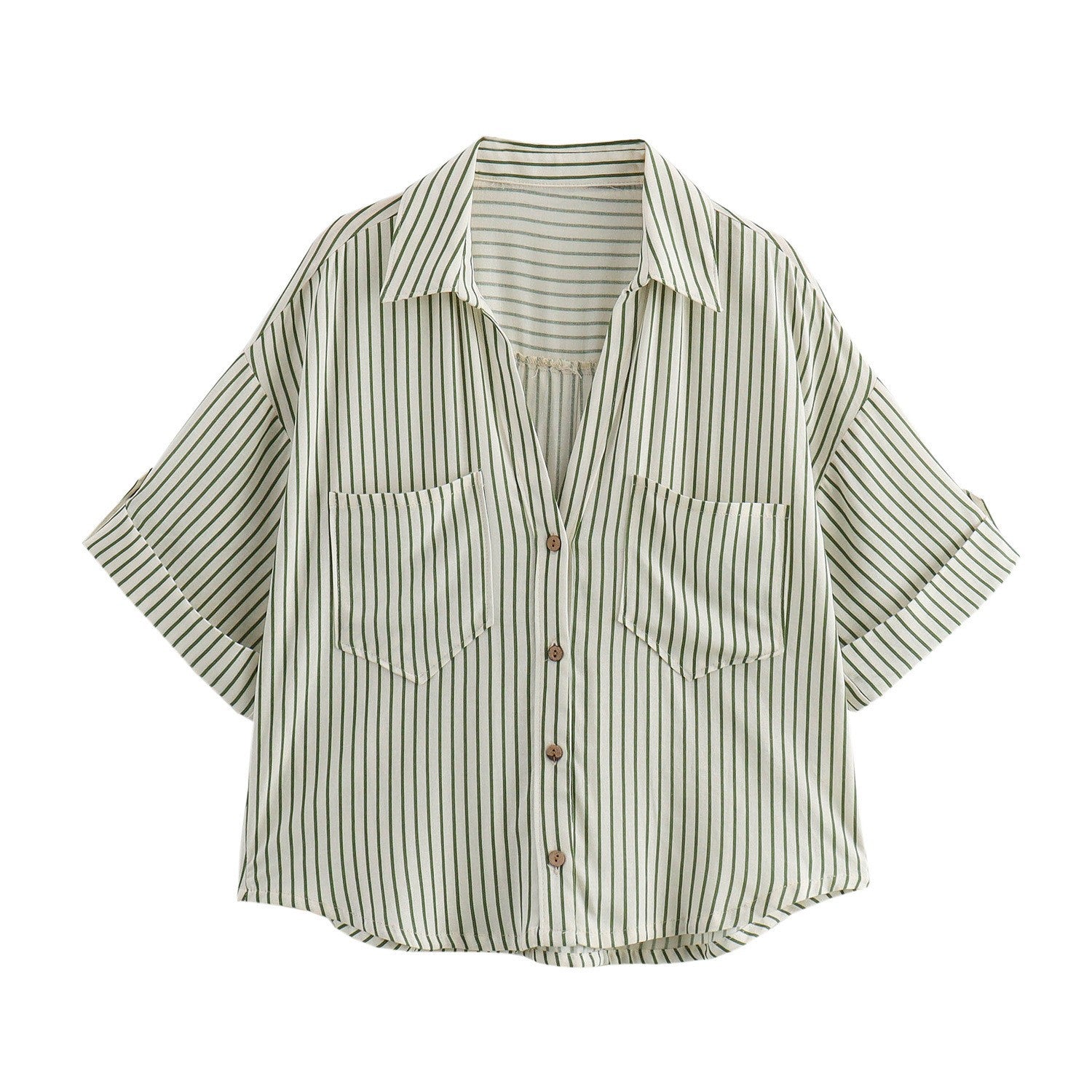 Women's Fashion Casual Lapel Striped Wide Sleeve Shirt Cotton Blouse
