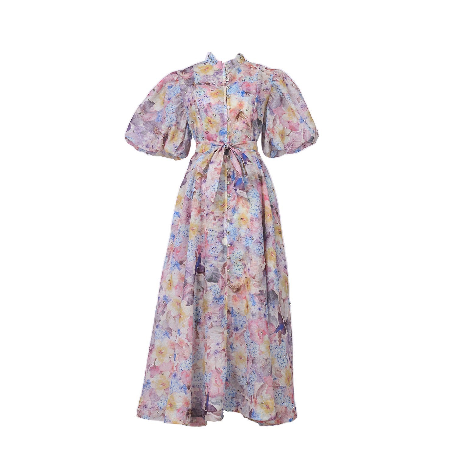 Summer Palace Style High Design Sense Rhinestone Sleeve Single-breasted Long Dress