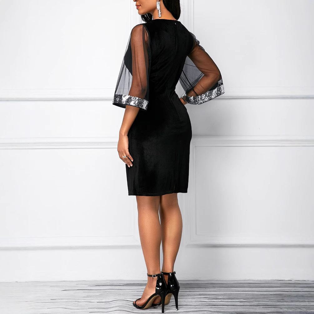 Women's Large Elegant Mesh Stitching High Waist Slim Pencil Dress