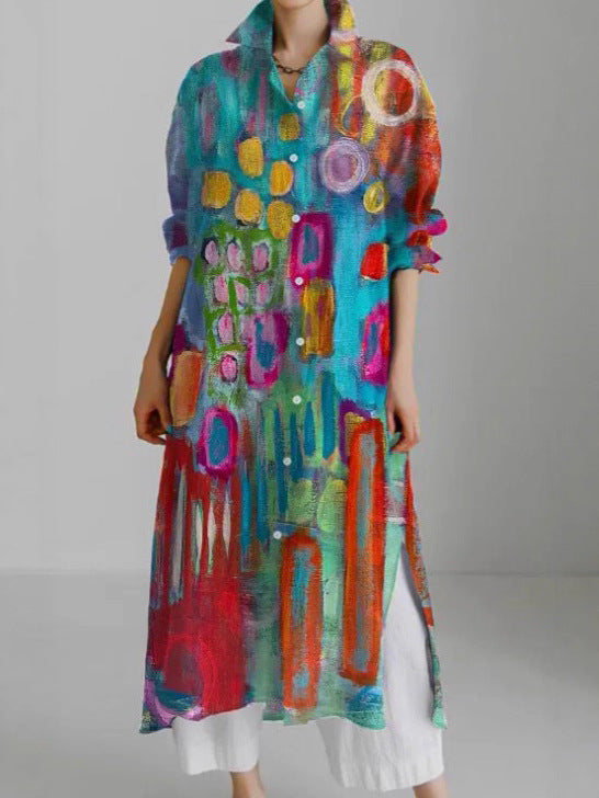 Women's Casual Abstract Printing Long Sleeve Slit Shirt Blouse