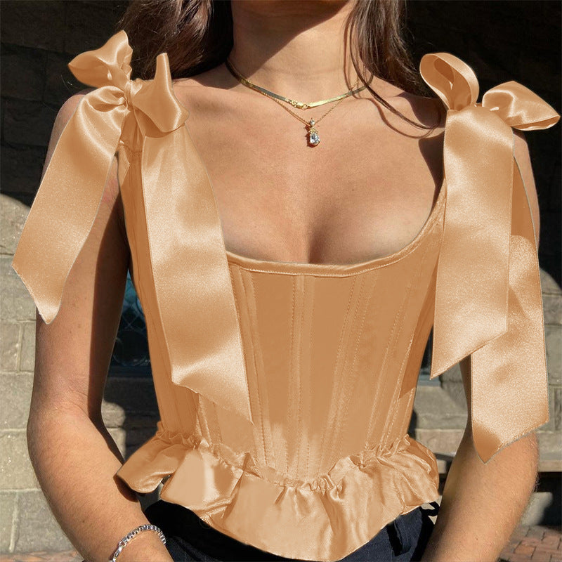 Nine Fishbone Waist Bow Shoulder Strap Ruffled Female Women's T-shirt