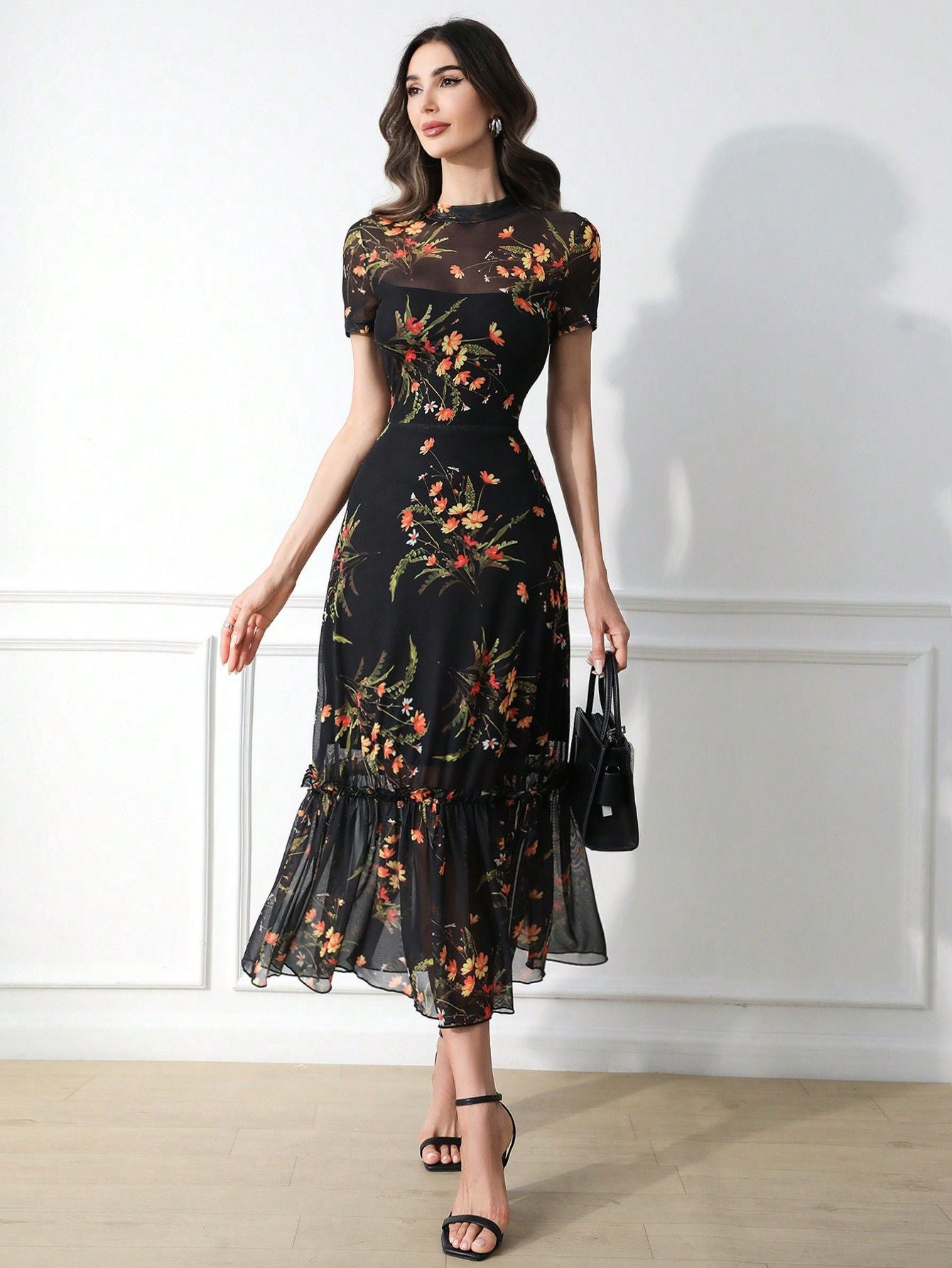 Dark Elegant Floral Print Sleeve Mesh Dress