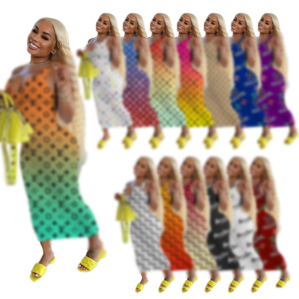 Women's Fashion Gradient Printing Small Sunken Stripe Dress