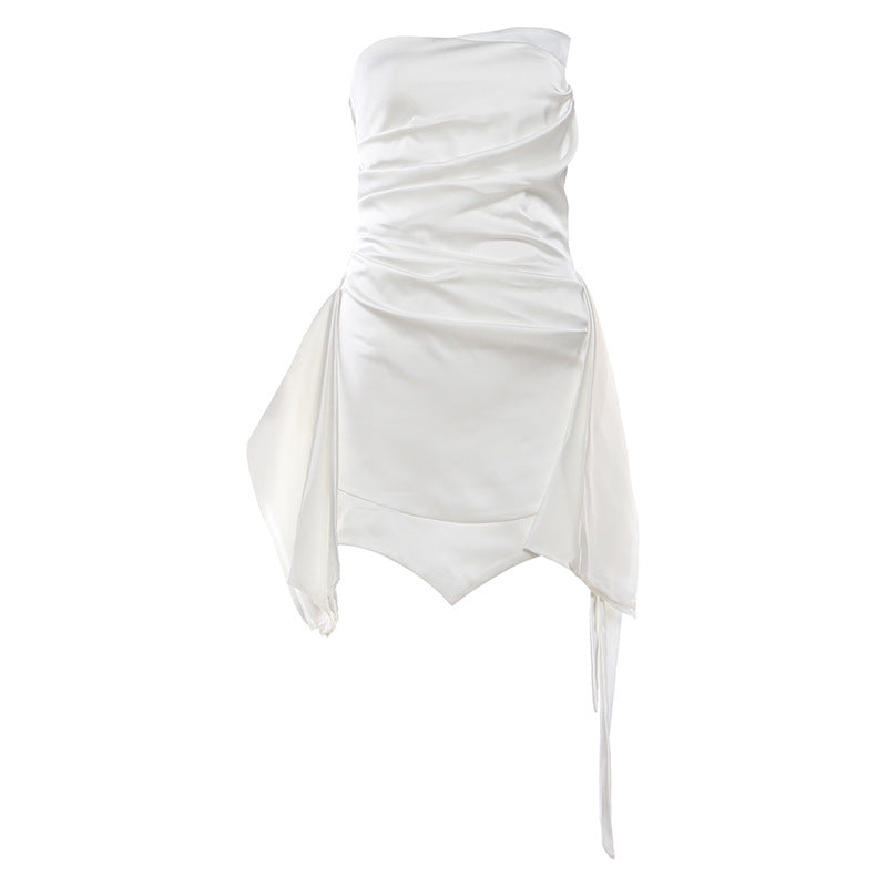 Women's Graceful Tube Backless Waist Trimming Pleated Solid Dress