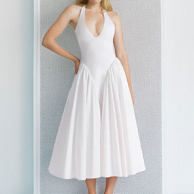 Women's Spring French Sexy Halter Solid Color Dress